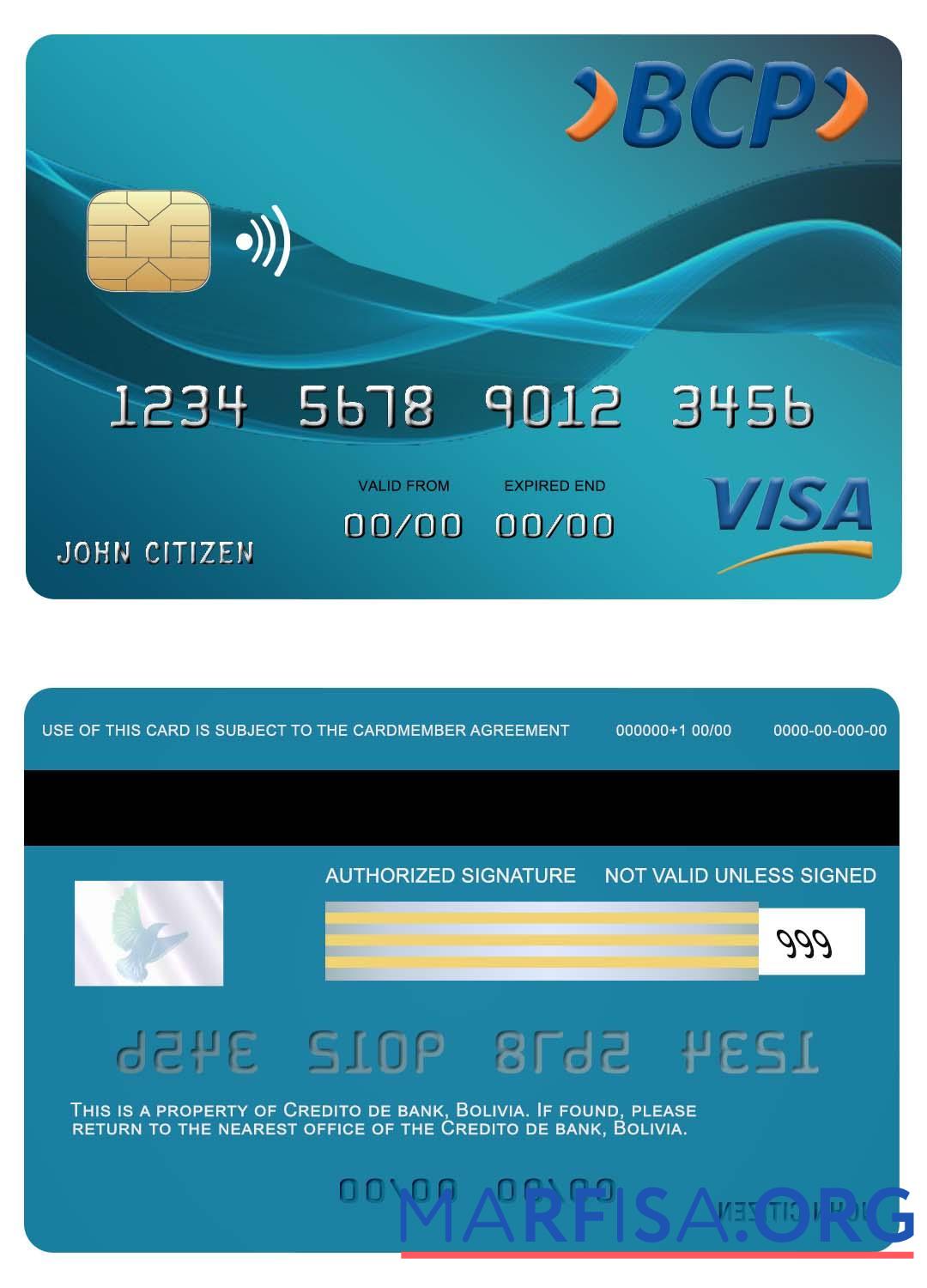 Bolovia Credito Банковский Виза Карта макет