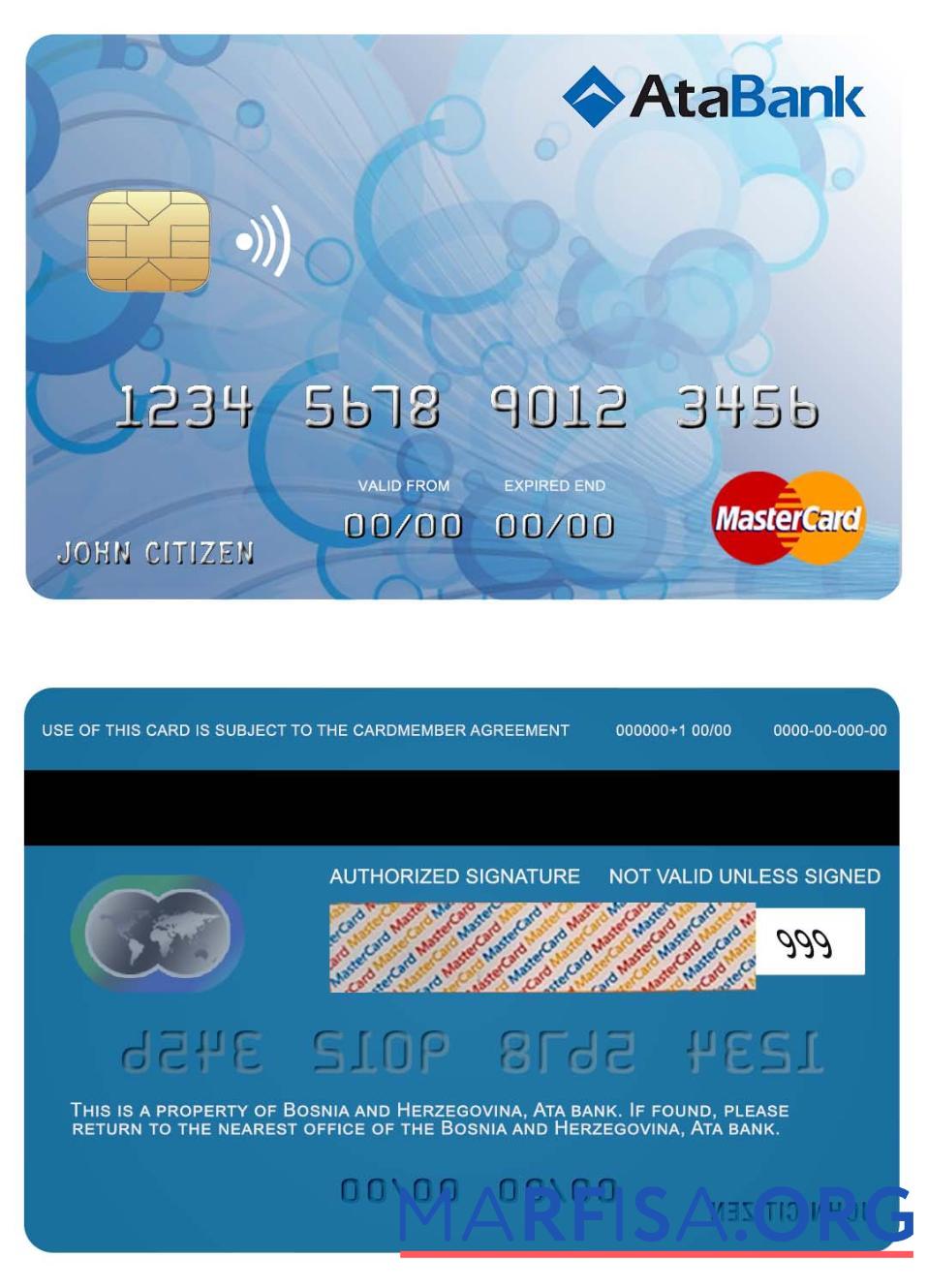 Босния и Герцеговина Ata Банковский mastercard макет