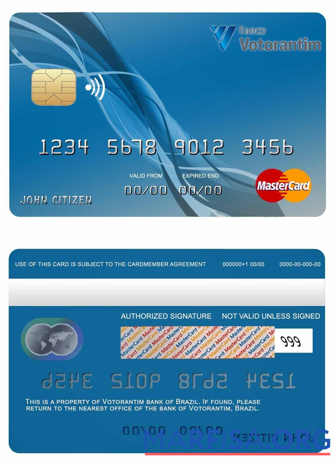 Бразилия Votorantim Банковский mastercard макет