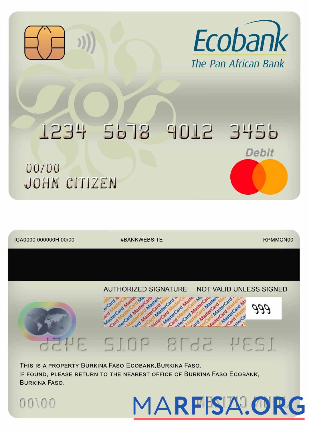 Буркина-Фасо Ecobank Банковский mastercard Дебет Карта образец