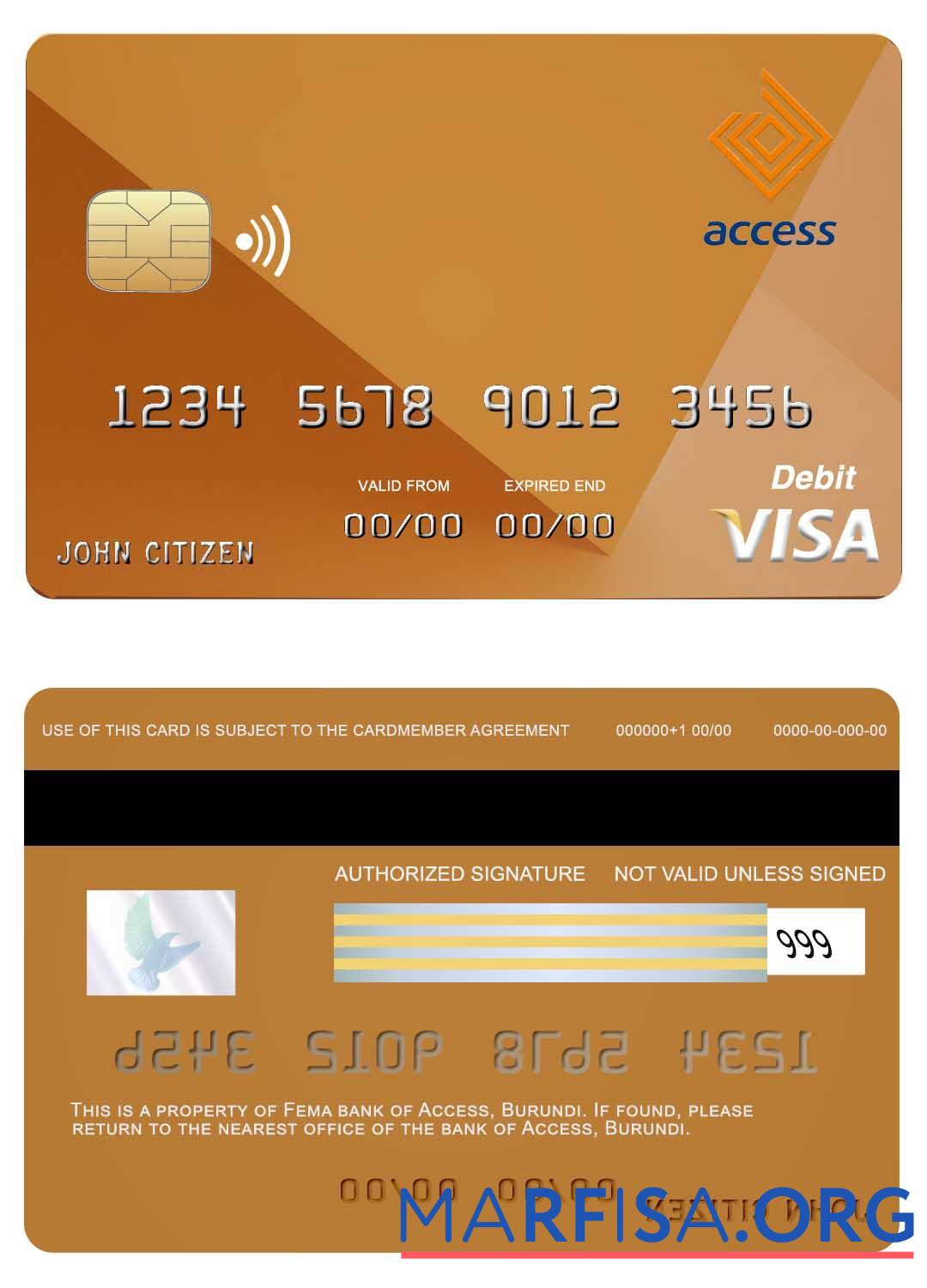 Бурунди Access Банковский Виза Карта шаблон