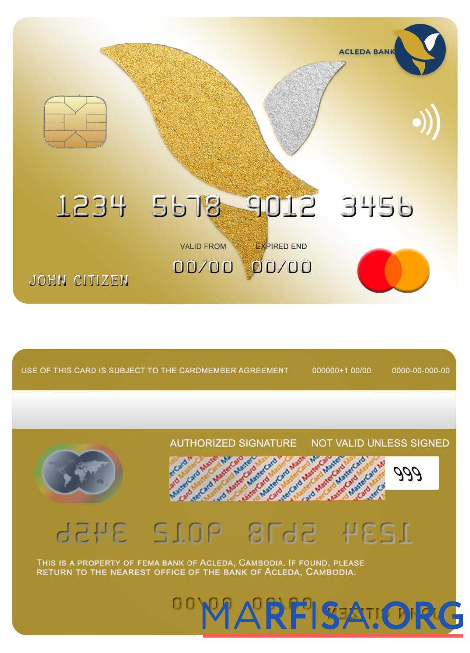 Камбоджа Acleda Банковский mastercard шаблон