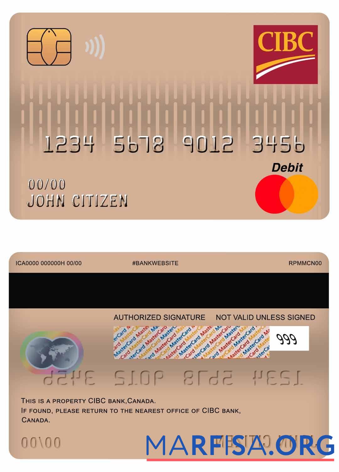 Канада CIBC Банковский mastercard Дебет Карта макет