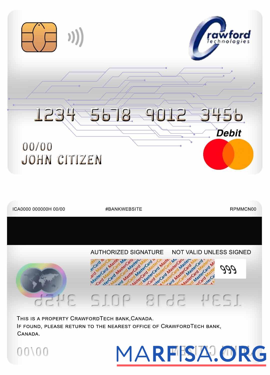 Канада Crawfordtech Банковский mastercard Дебет Карта макет