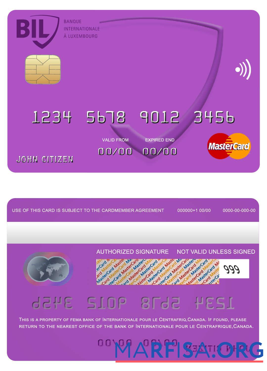 Канада Internationale pour le Centrafrique Банковский mastercard образец