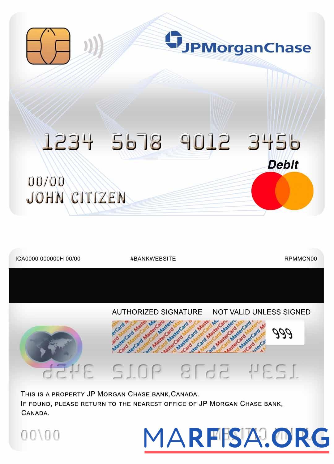 Канада JP Morgan Chase Банковский mastercard Дебет Карта образец