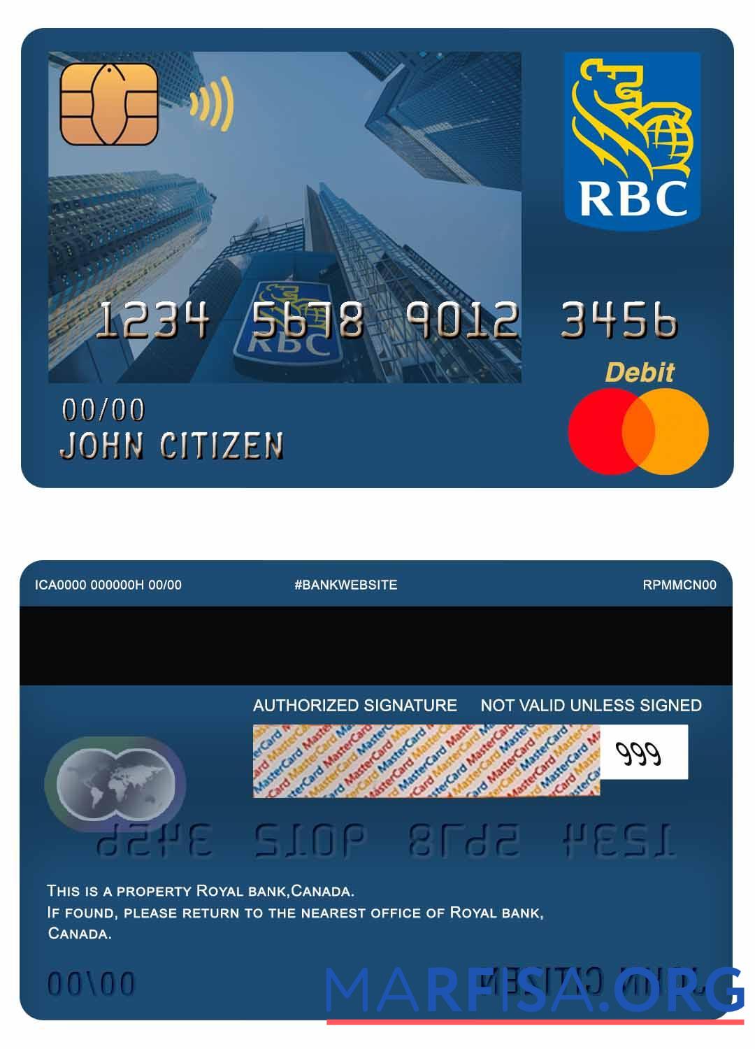 Канада Royal Банковский mastercard Дебет Карта образец