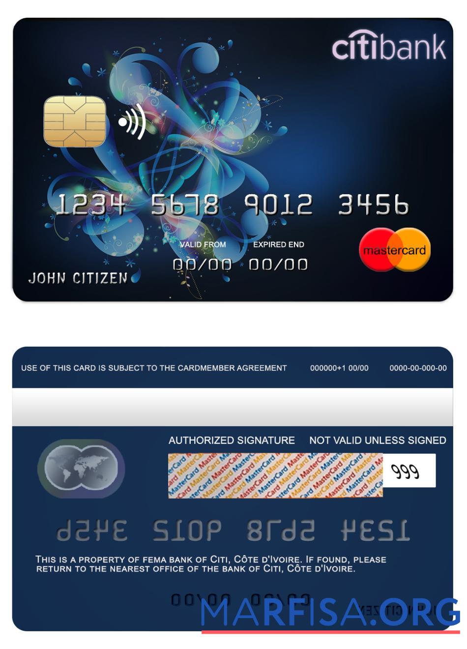 Co╠éte d'Ivoire Citi Банковский mastercard шаблон