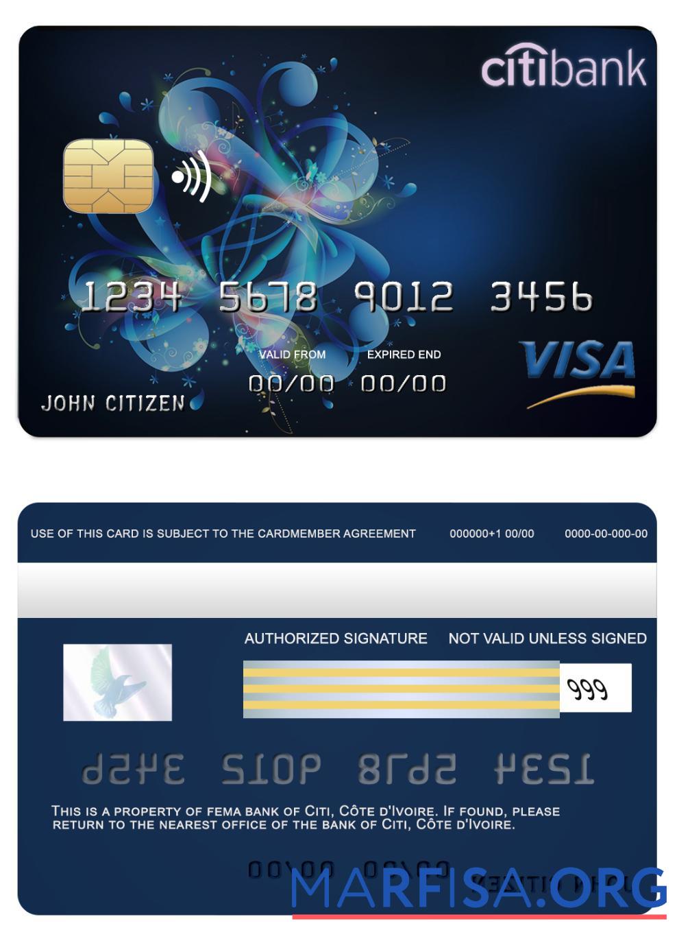Co╠éte d'Ivoire Citi Банковский Виза Карта предпросмотр