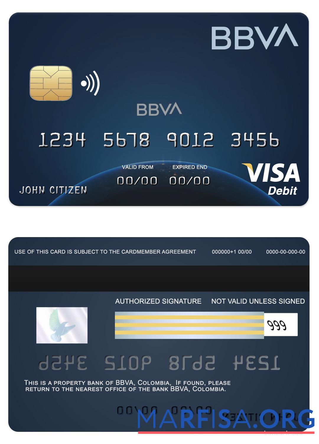 Колумбия BBVA Банковский Виза Карта шаблон