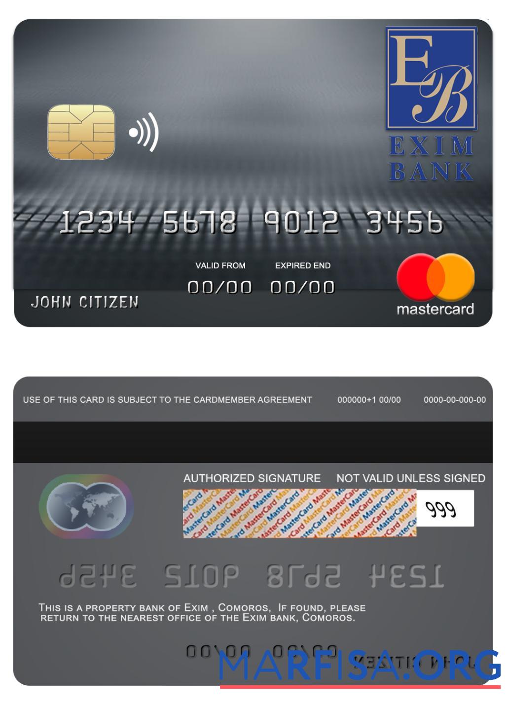 Коморы Exim Банковский mastercard шаблон