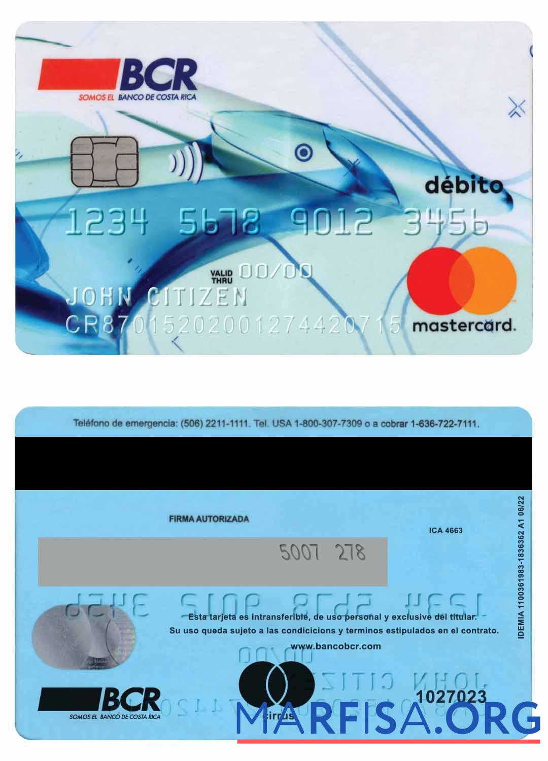 Коста-Рика The Банковский of Коста-Рика mastercard Дебет Версия 2 образец