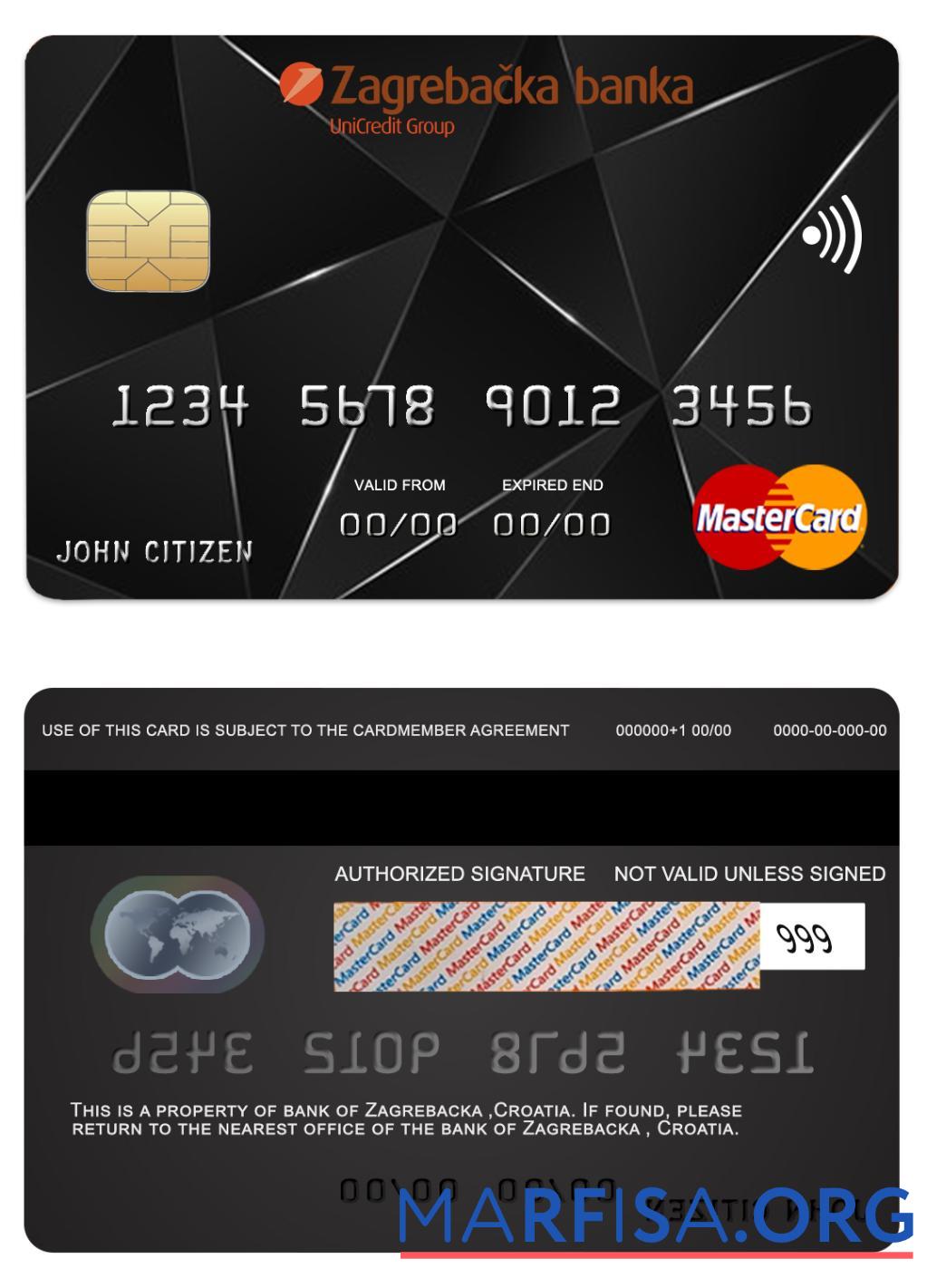 Хорватия Zagrebacka Банковский mastercard образец
