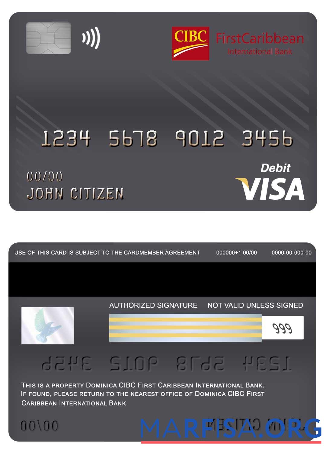 Доминика CIBC First Caribbean International Банковский Виза Дебет Карта шаблон