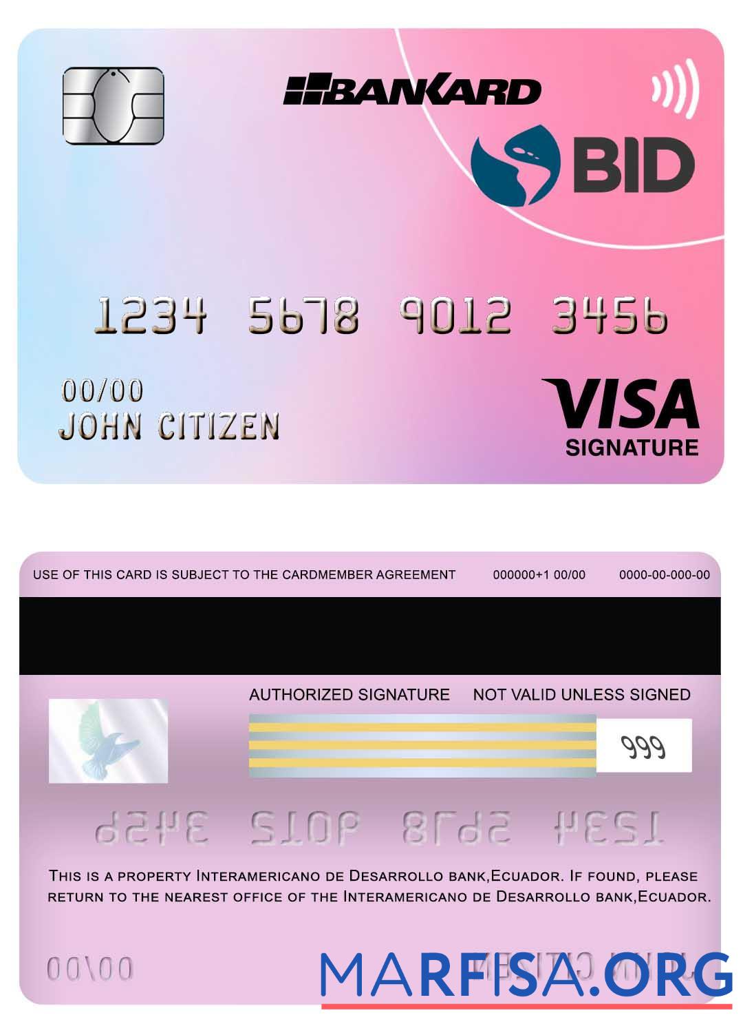 Эквадор Banco Interamericano de desarrollo (BID) Банковский Виза Подпись Карта шаблон