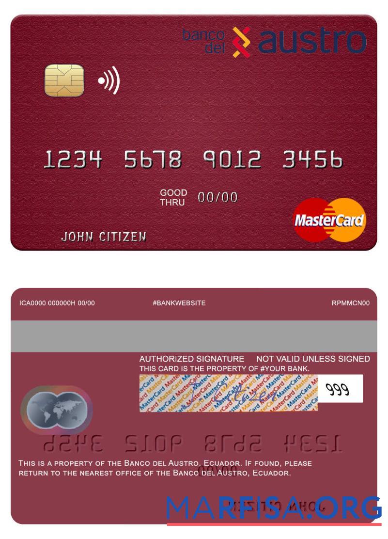 Эквадор Banco del Austro mastercard макет