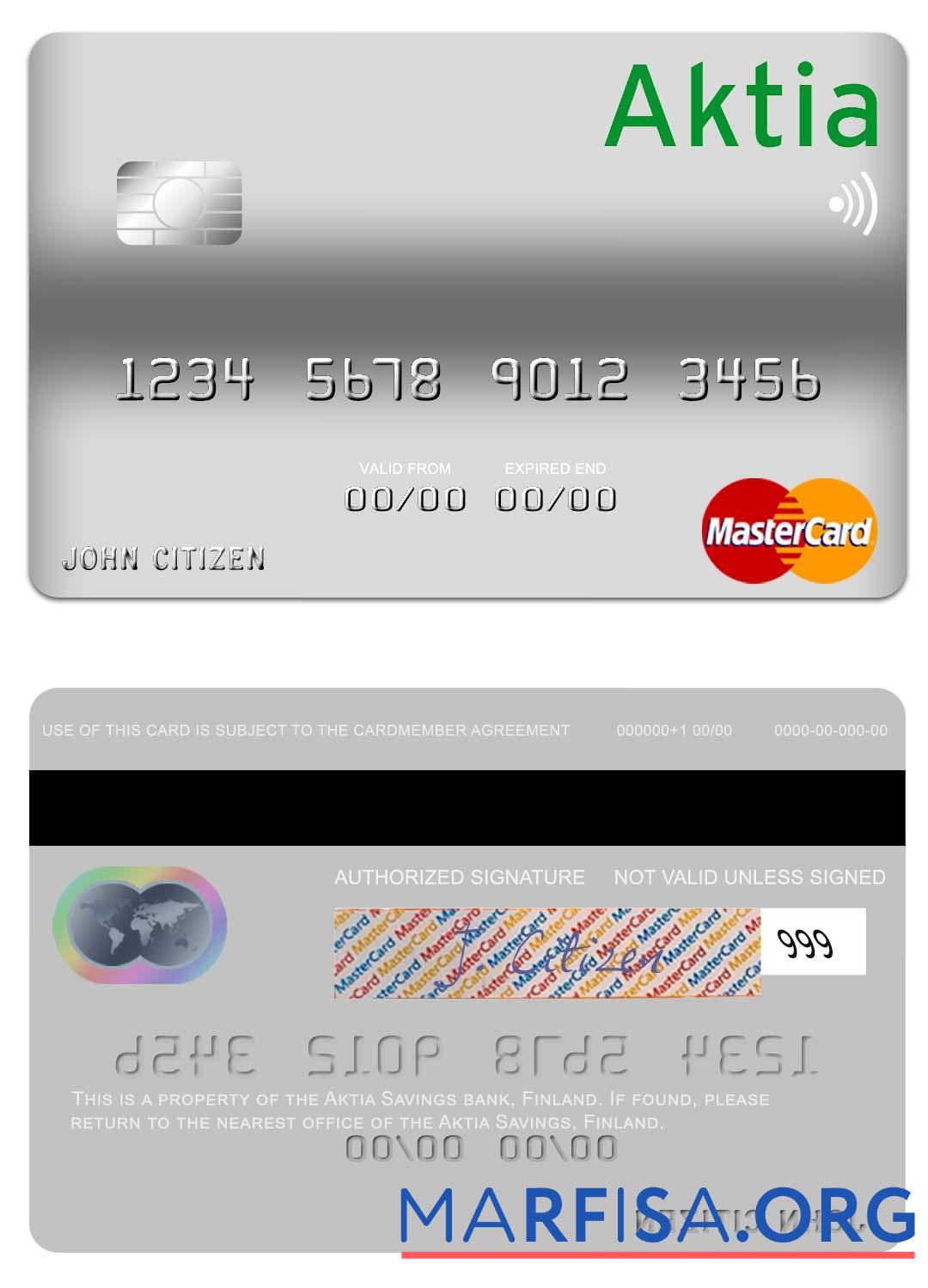 Финляндия Aktia Savings Банковский mastercard макет