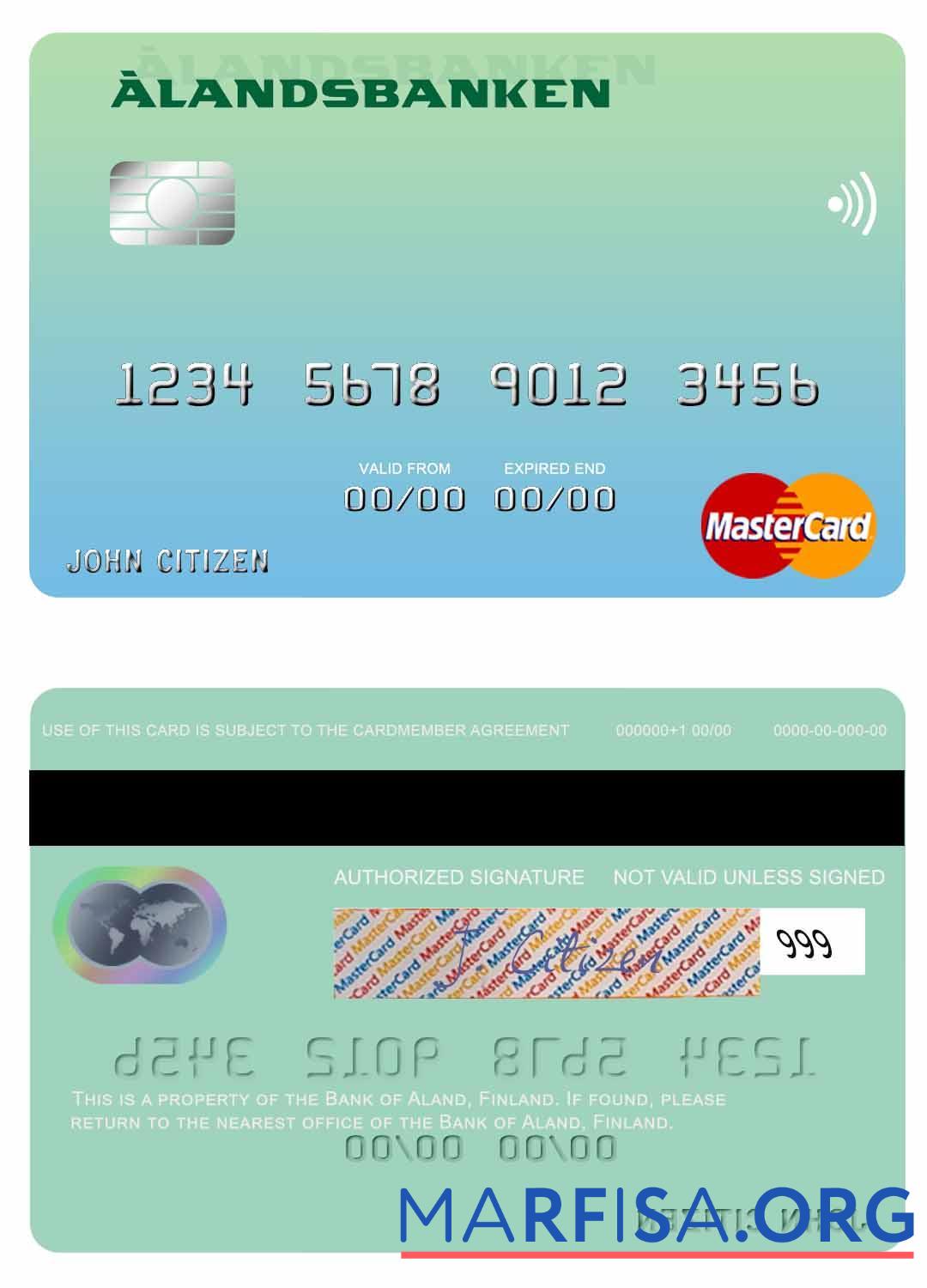Финляндия Банковский of Aland mastercard шаблон