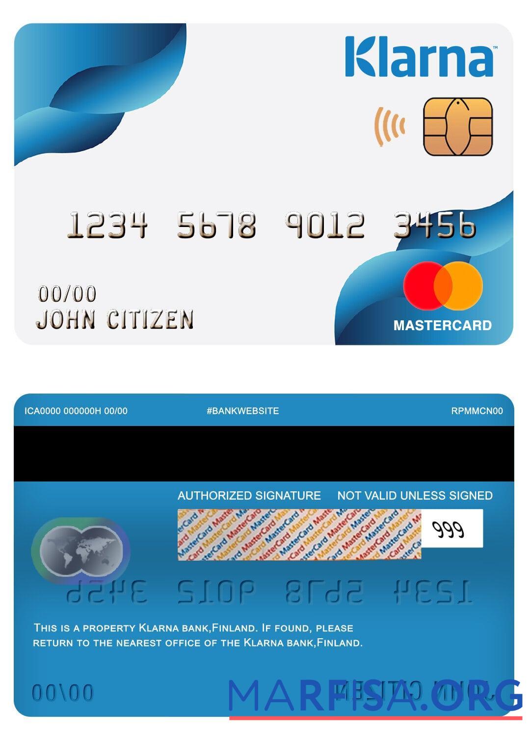 Финляндия Klarna Банковский mastercard образец