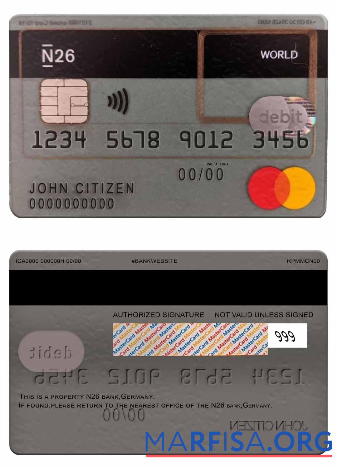 Германия N26 Банковский Дебет mastercard макет