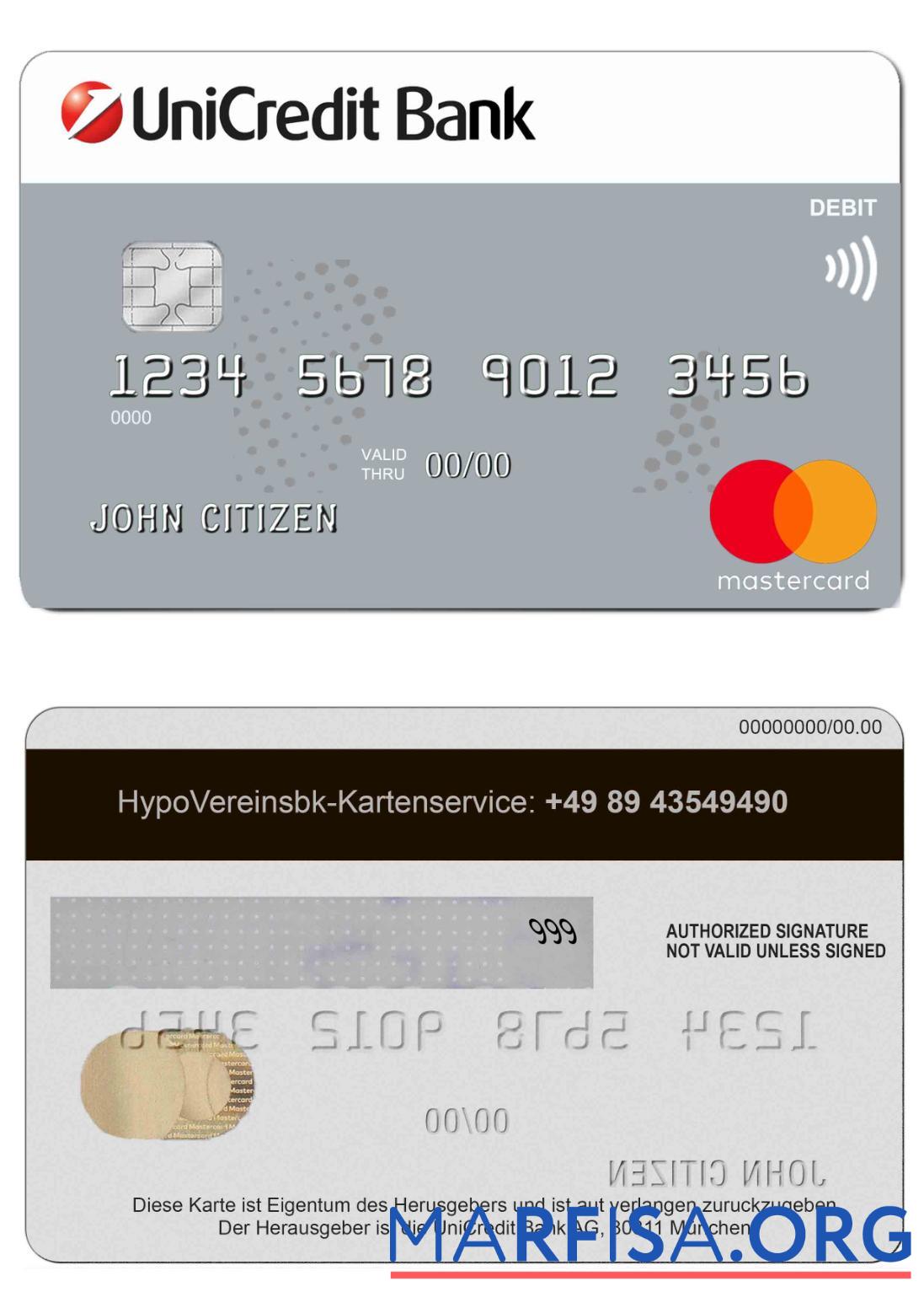 Германия UniCredit Банковский MasterCard Кредит Карта образец