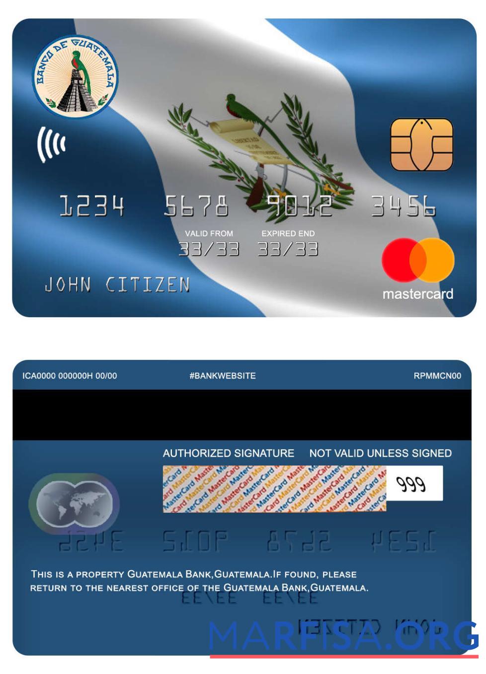Гватемала Banco de Гватемала Банковский mastercard макет