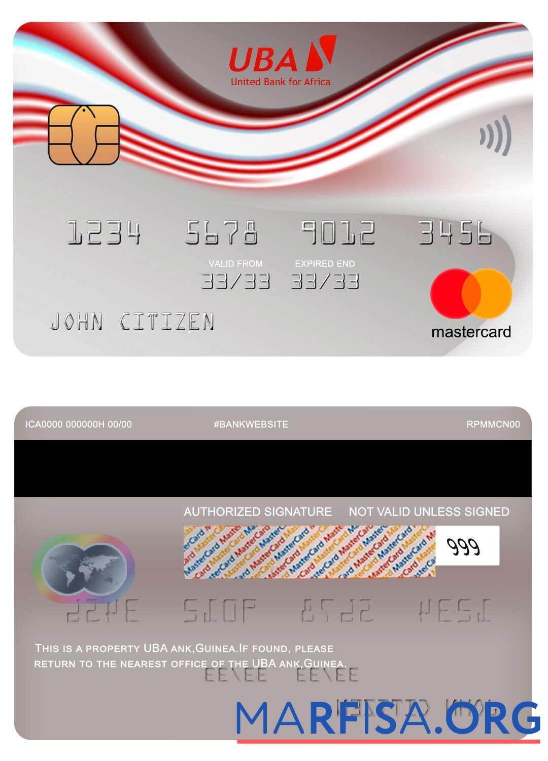 Гвинея UBA Банковский mastercard макет
