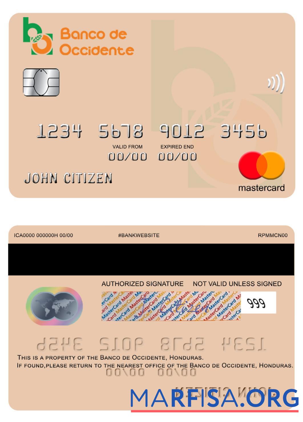 Гондурас Banco de Occidente mastercard макет