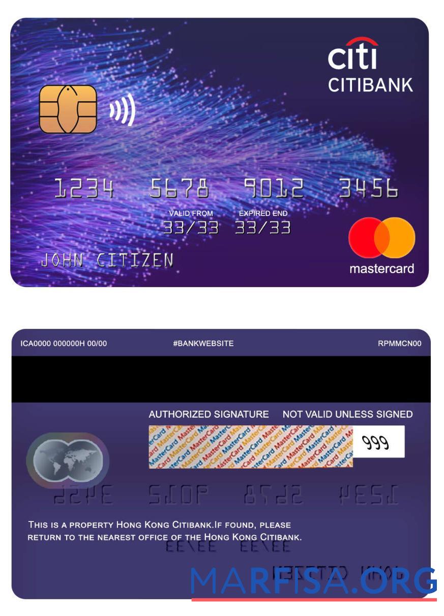 Гонконг Citibank Банковский mastercard образец