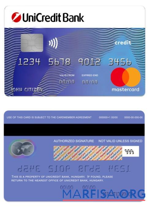 Венгрия UniCredit Банковский синий Кредит mastercard макет