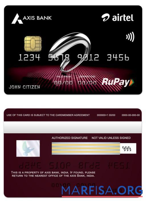 Индия Axis Банковский Airtel RuPay Кредит Карта макет