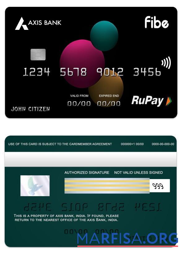 Индия Axis Банковский Fibe RuPay Кредит Карта образец