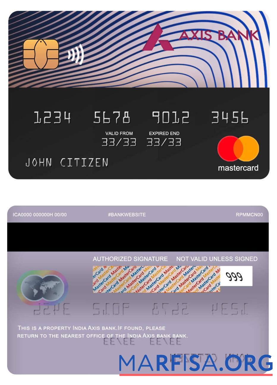 Индия Axis Банковский mastercard макет
