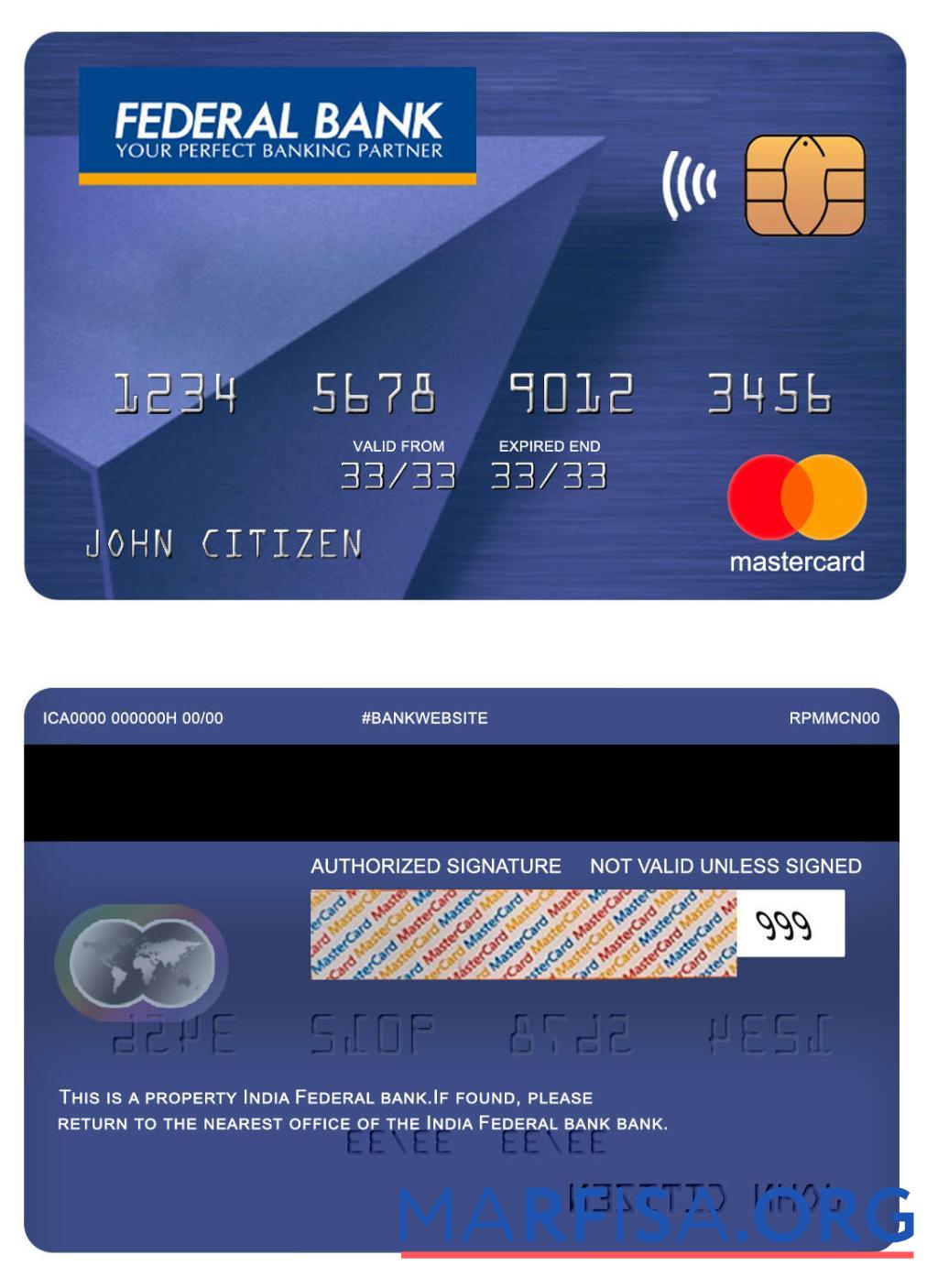 Индия Federal Банковский mastercard шаблон