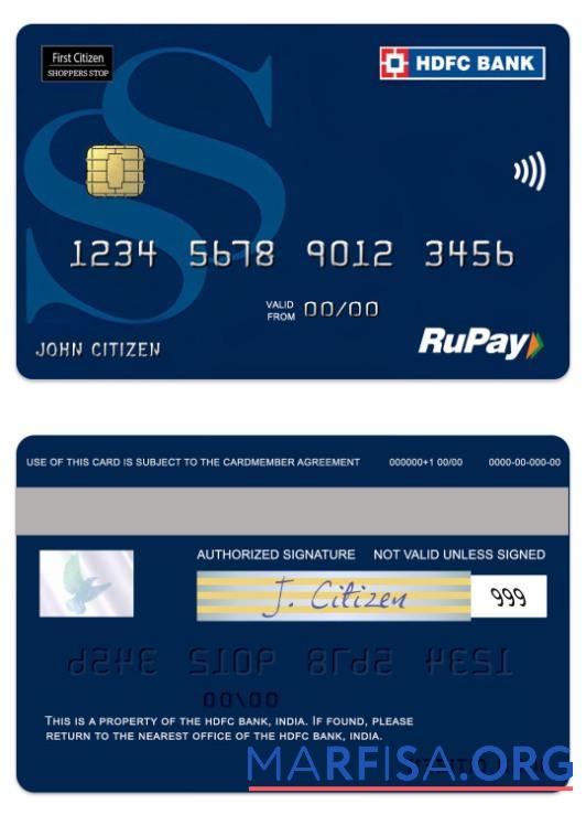 Индия HDFC Банковский RuPay Shoppers Stop Кредит Карта образец