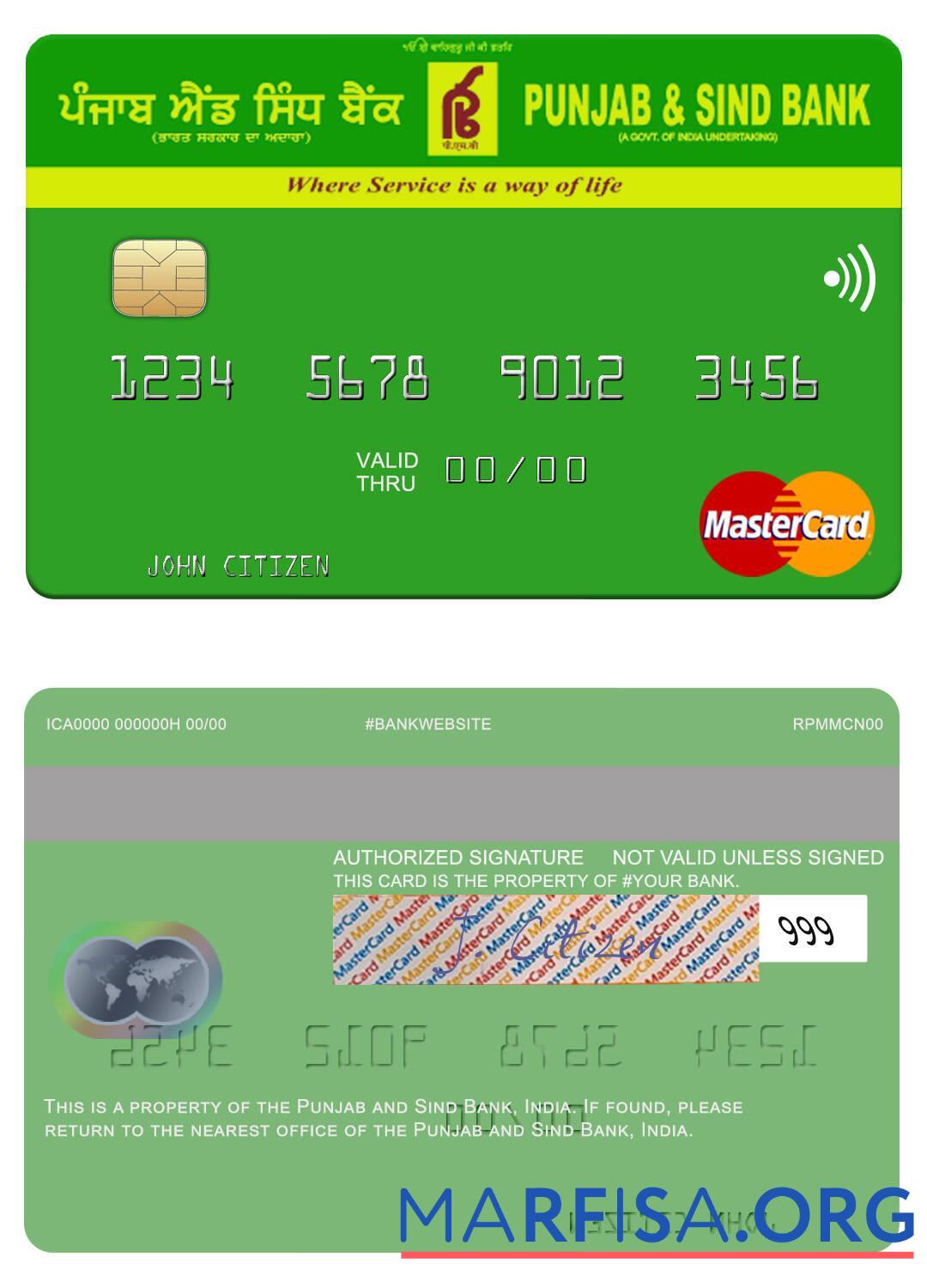 Индия Punjab and Sind Банковский mastercard макет