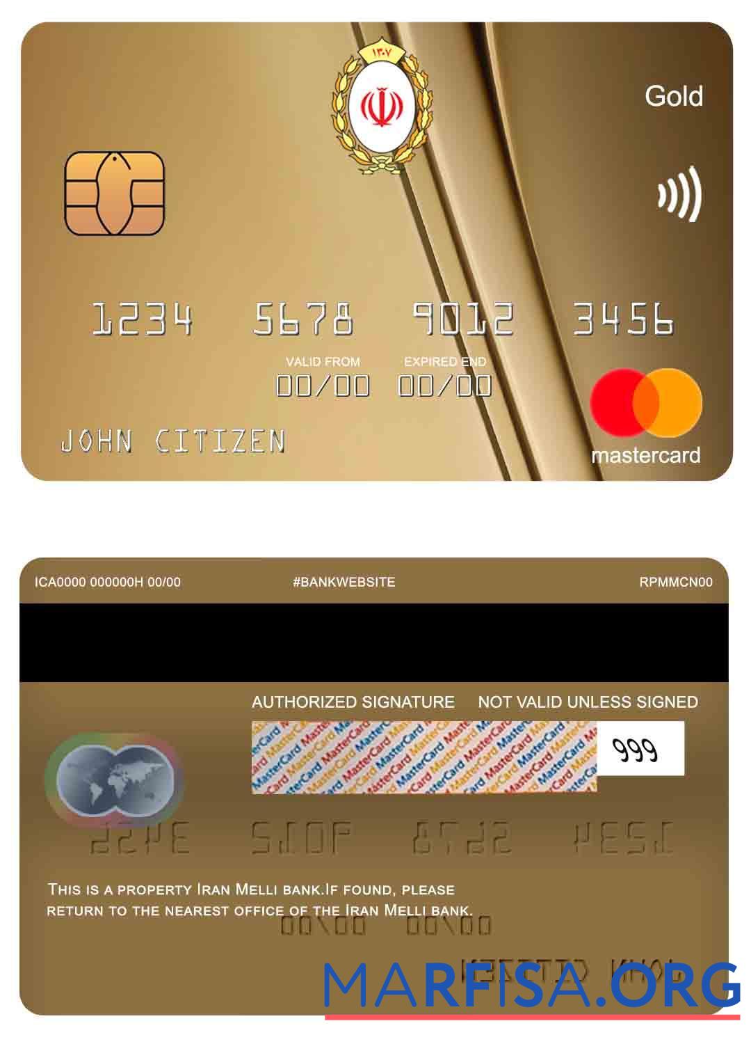 Иран Melli Банковский mastercard gold дизайн