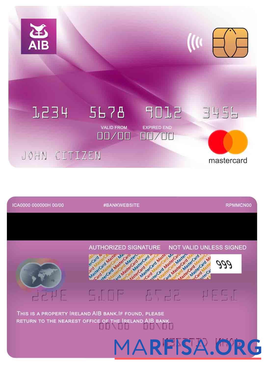Ирландия AIB Банковский mastercard шаблон