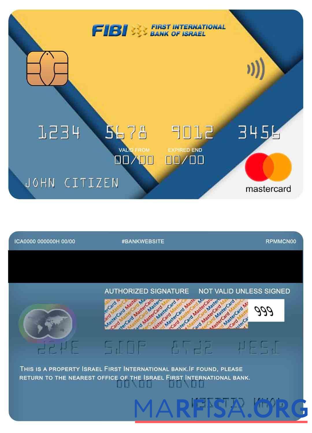 Израиль First International Банковский mastercard дизайн