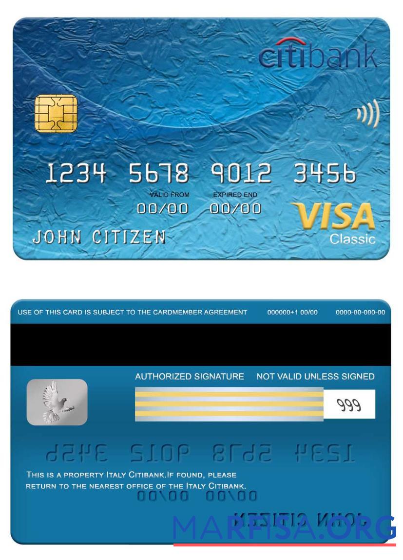 Италия Citibank Виза classic Карта шаблон