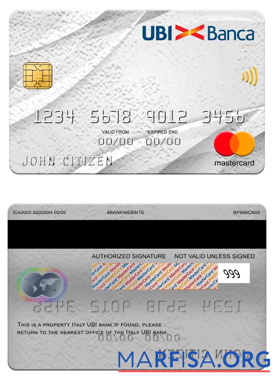 Италия UBI Банковский mastercard макет