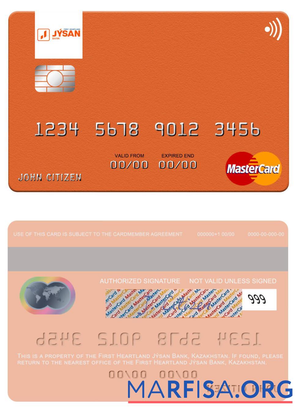 Казахстан First Heartland Jy╠üsan Банковский mastercard образец