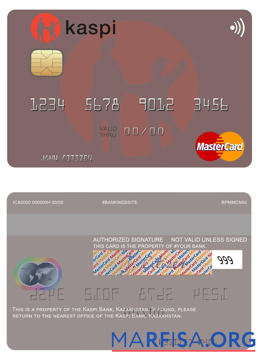 Казахстан Kaspi Банковский mastercard образец