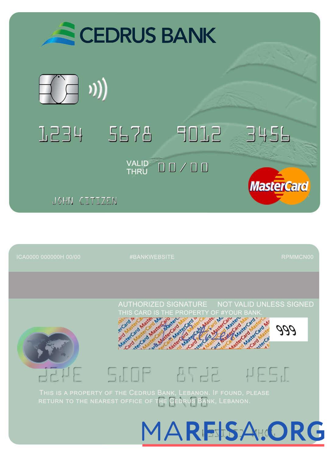 Ливан Cedrus Банковский mastercard макет