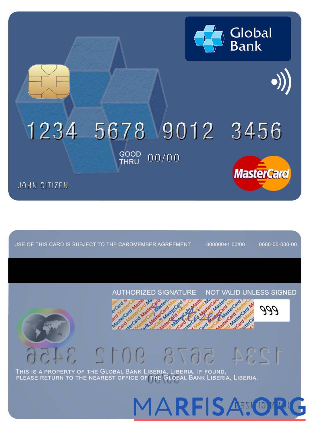 Либерия Global Банковский Либерия mastercard макет
