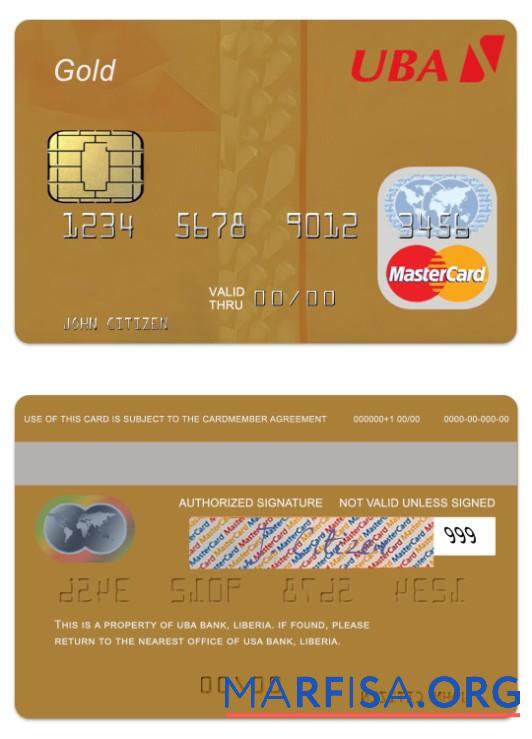 Либерия UBA Банковский gold Дебет mastercard шаблон