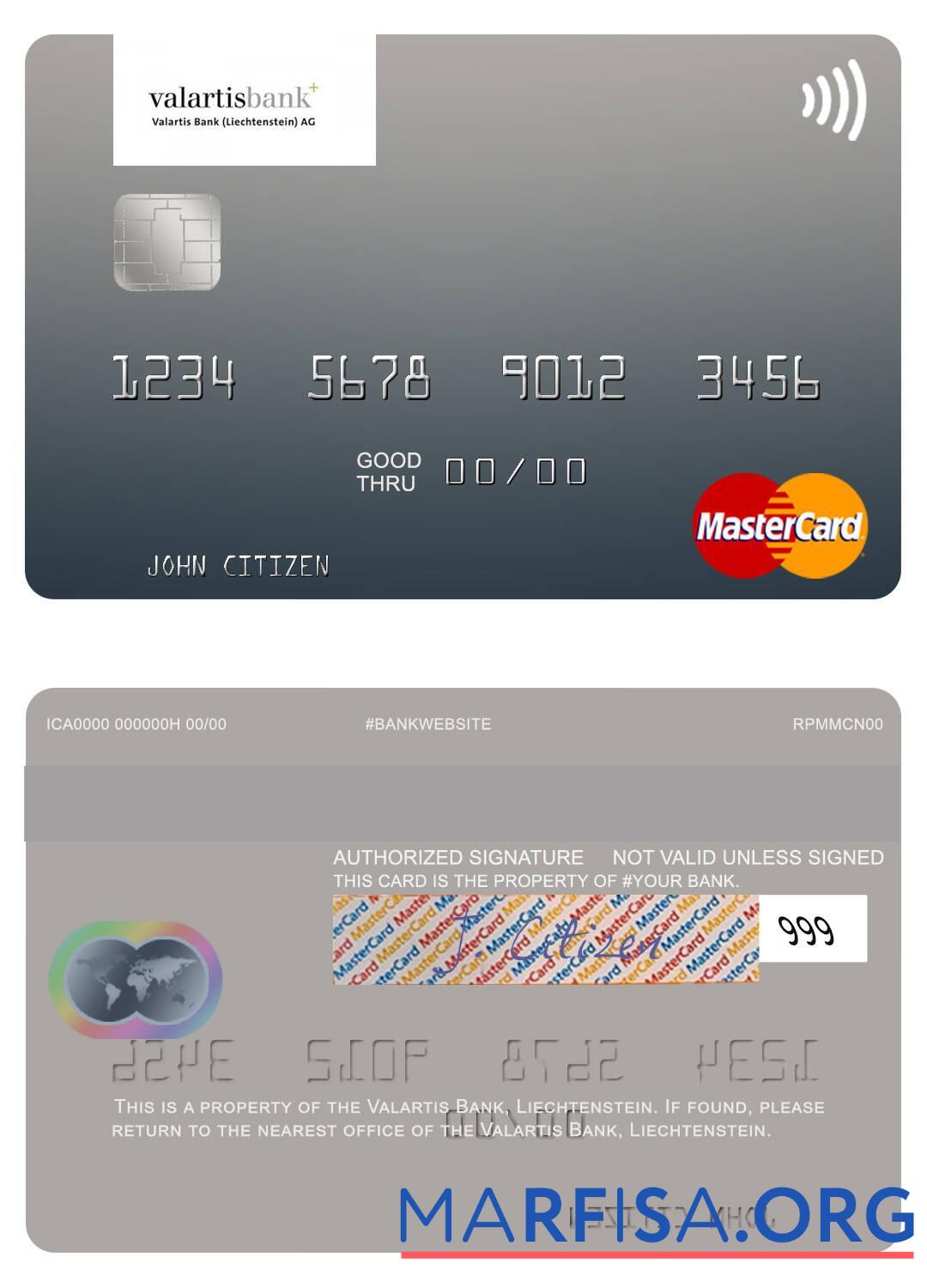 Лихтенштейн Valartis Банковский mastercard шаблон
