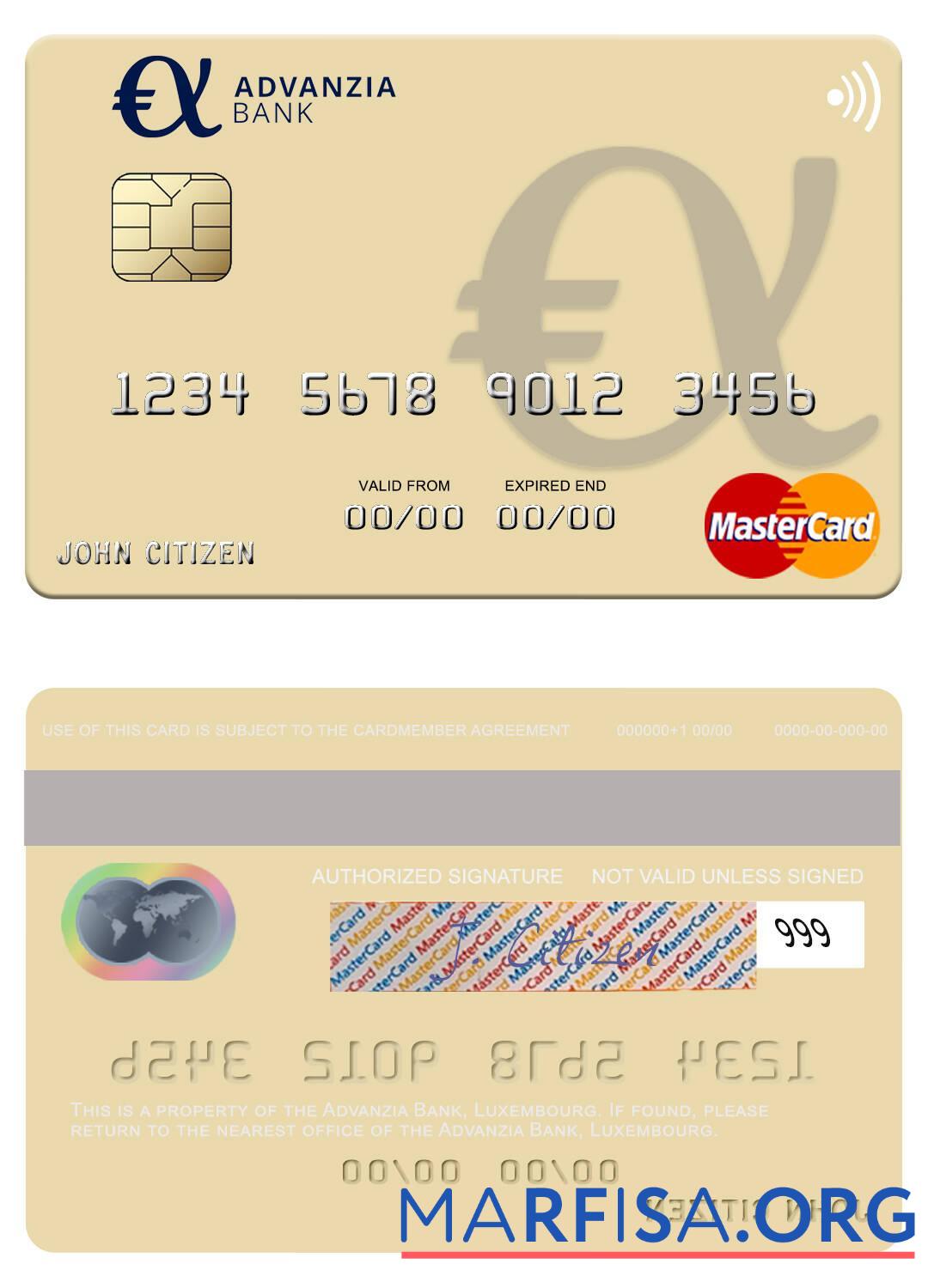 Люксембург Advanzia Банковский mastercard макет