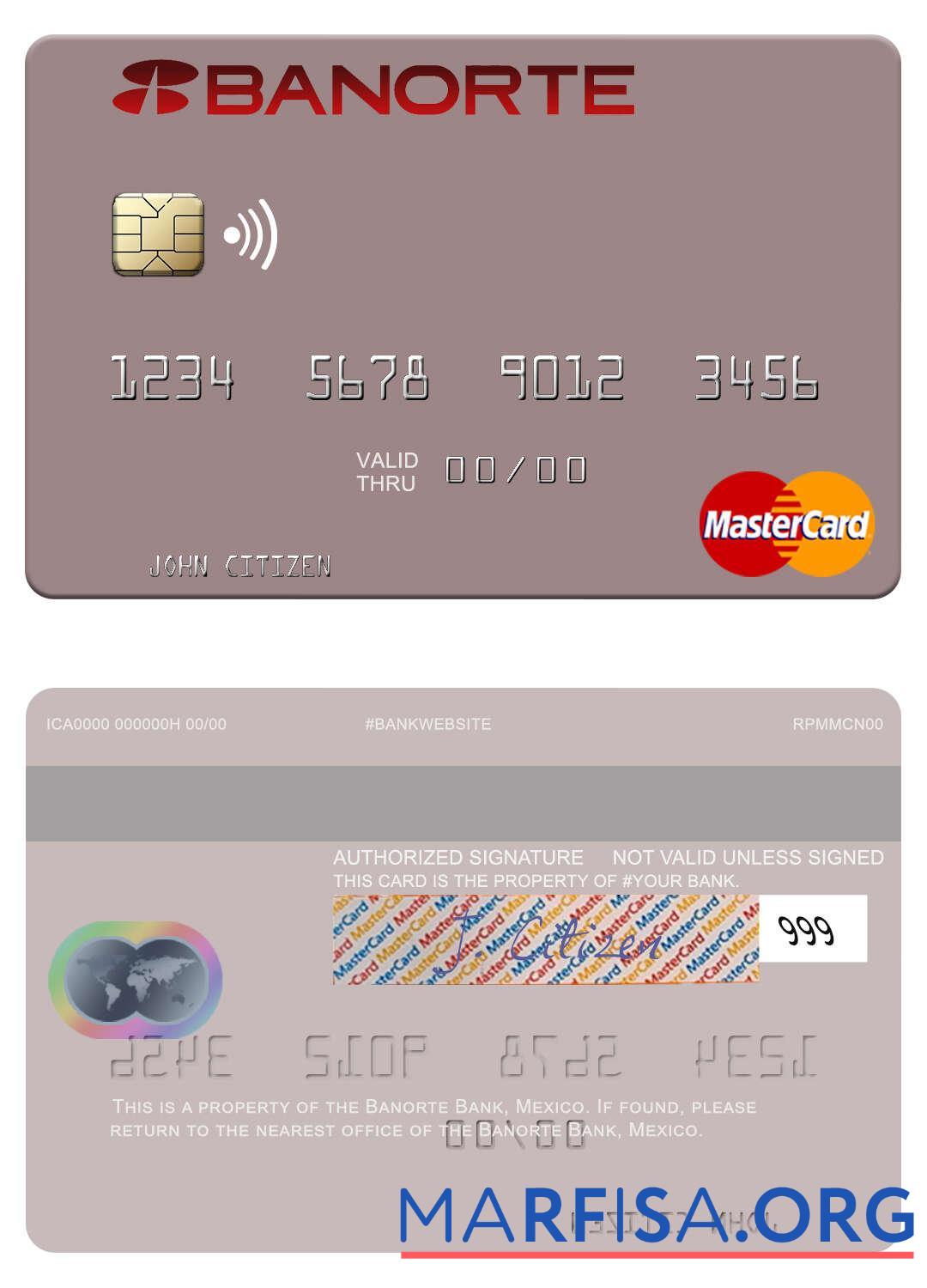 Мексика Banorte Банковский mastercard макет