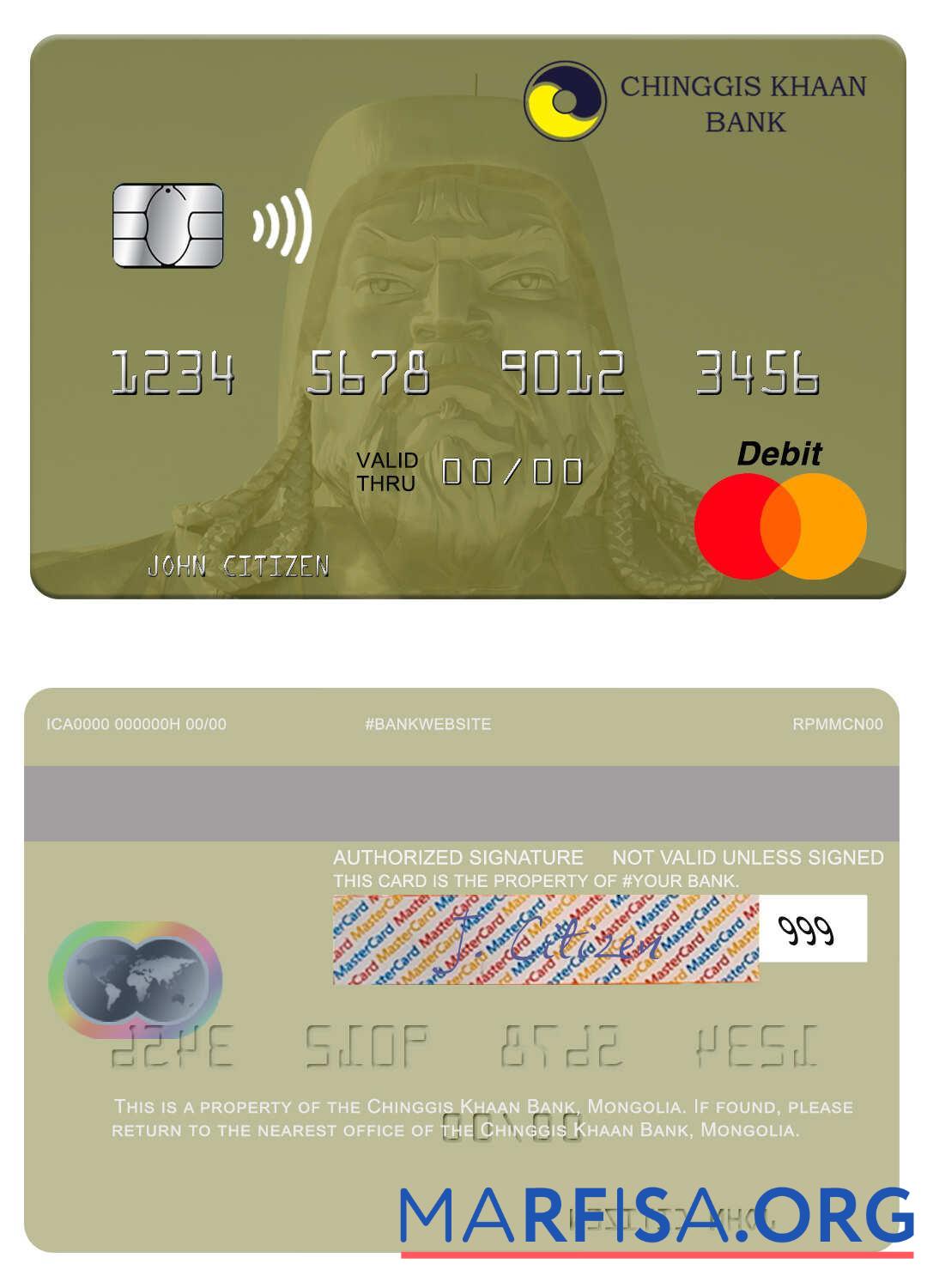 Монголия Chinggis Khaan Банковский mastercard макет